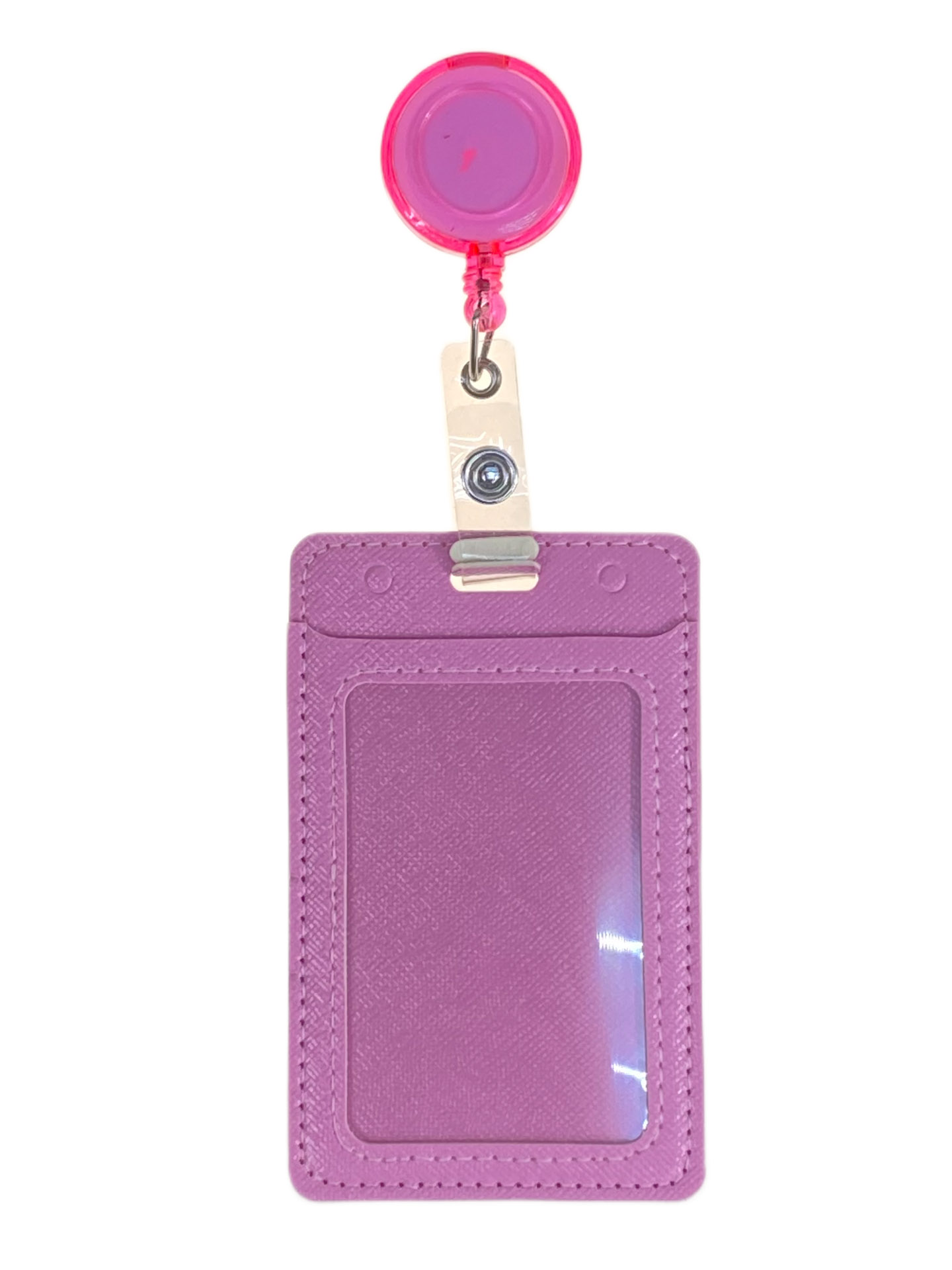 На фото 1 - Бейдж с лентой на рулетке вертикальный, цвет розовый