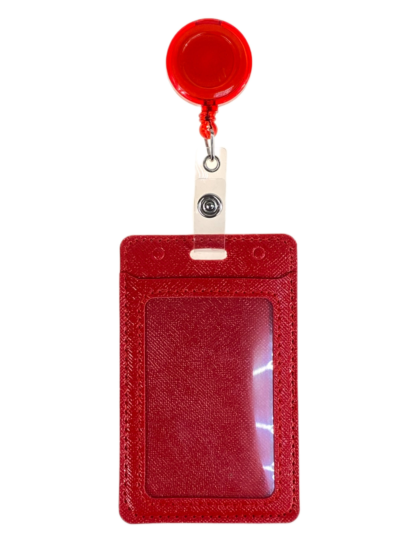 На фото 1 - Бейдж с лентой на рулетке вертикальный, цвет красный