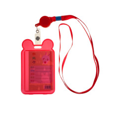 На фото 2 - Бейдж для пропуска с рулеткой и лентой, цвет красный