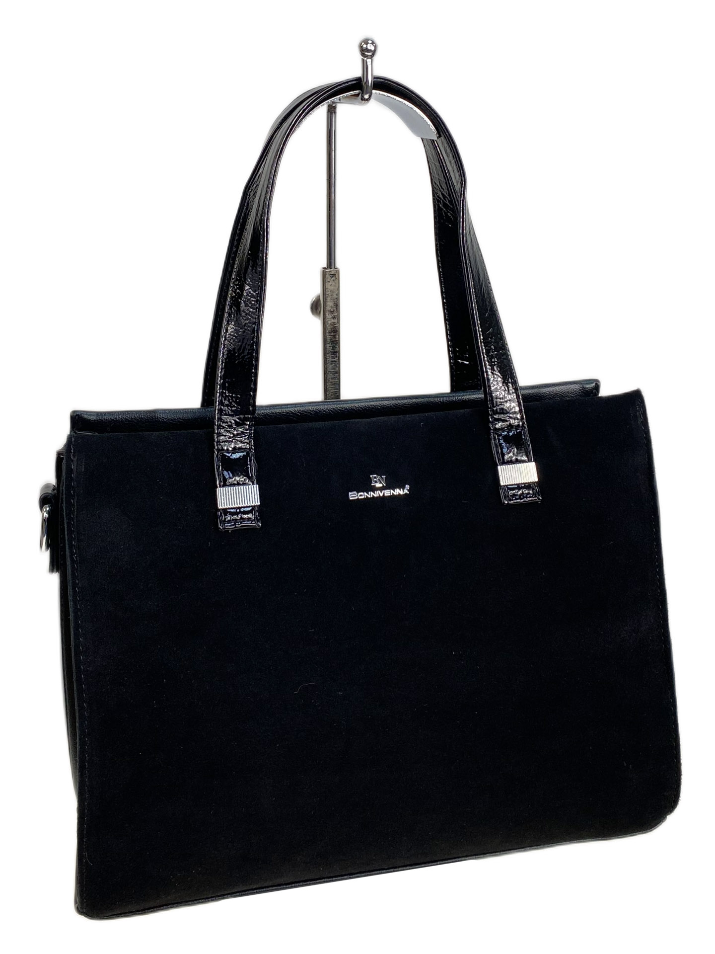 На фото 1 - Женская сумка из искусственной кожи и натуральной замши, цвет черный