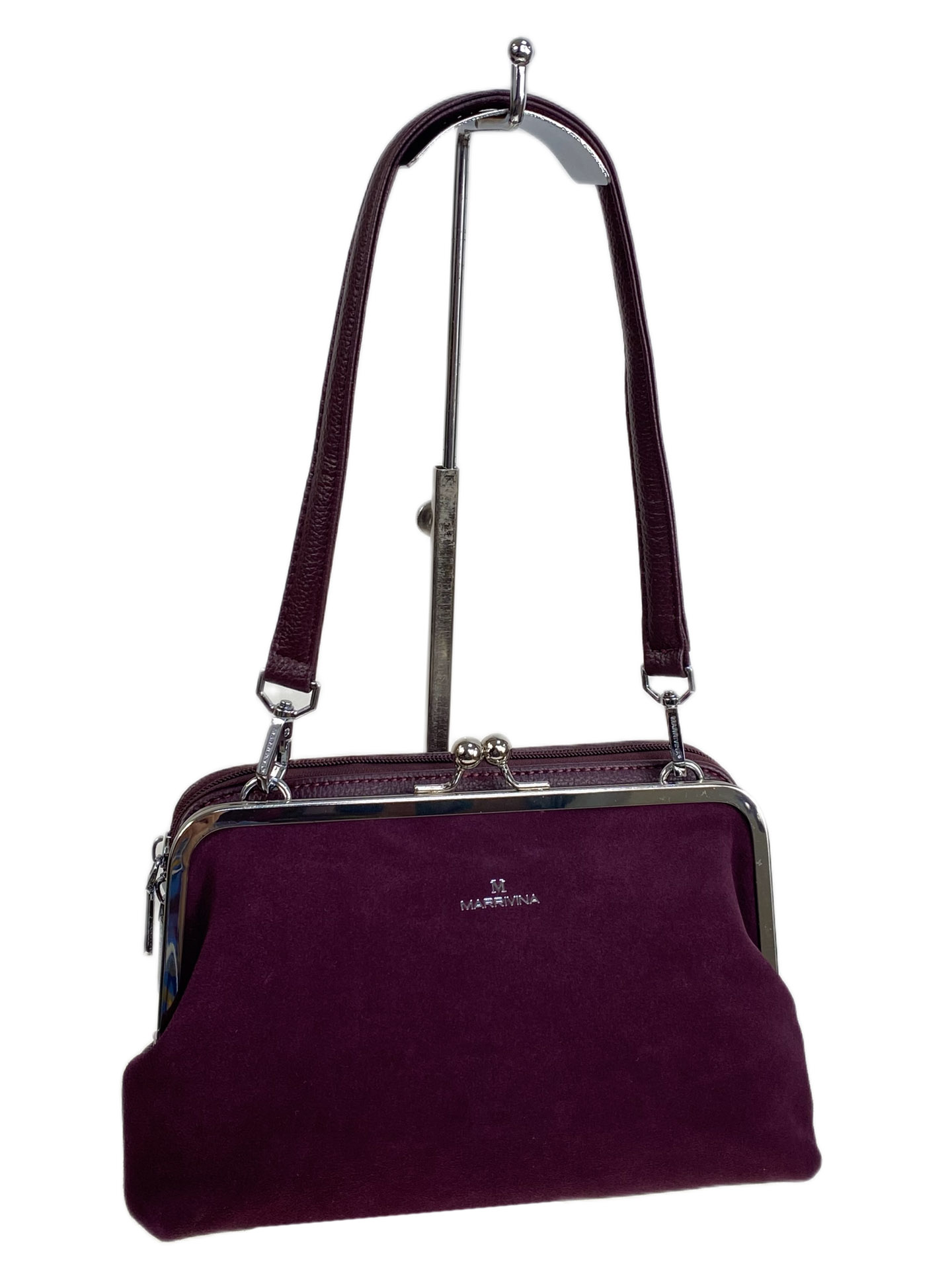 На фото 1 - Женская сумка из искусственной кожи и натуральной замши, цвет бордовый