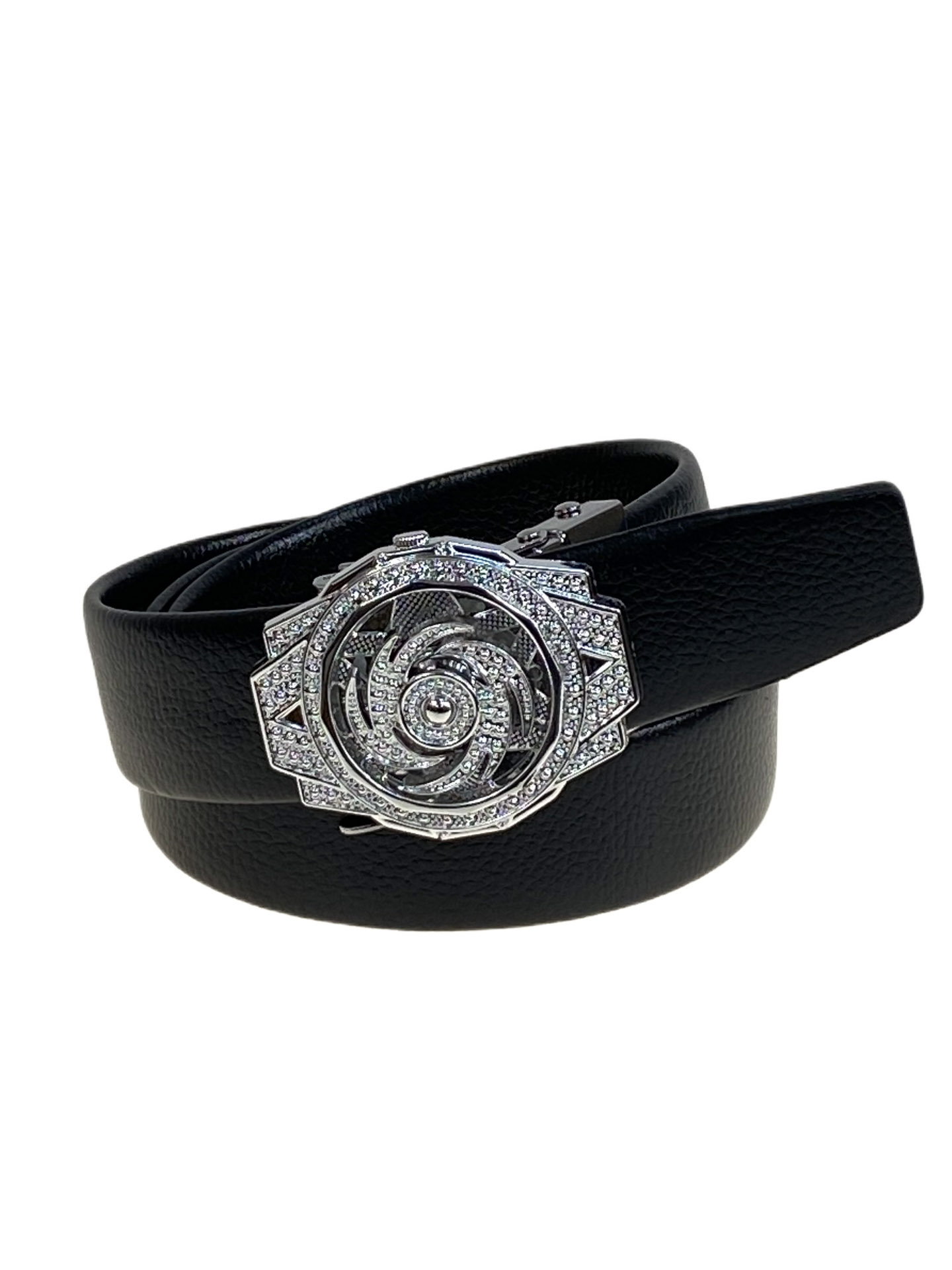 На фото 1 -  Ремень мужской с автоматической пряжкой из искусственной кожи, цвет черный