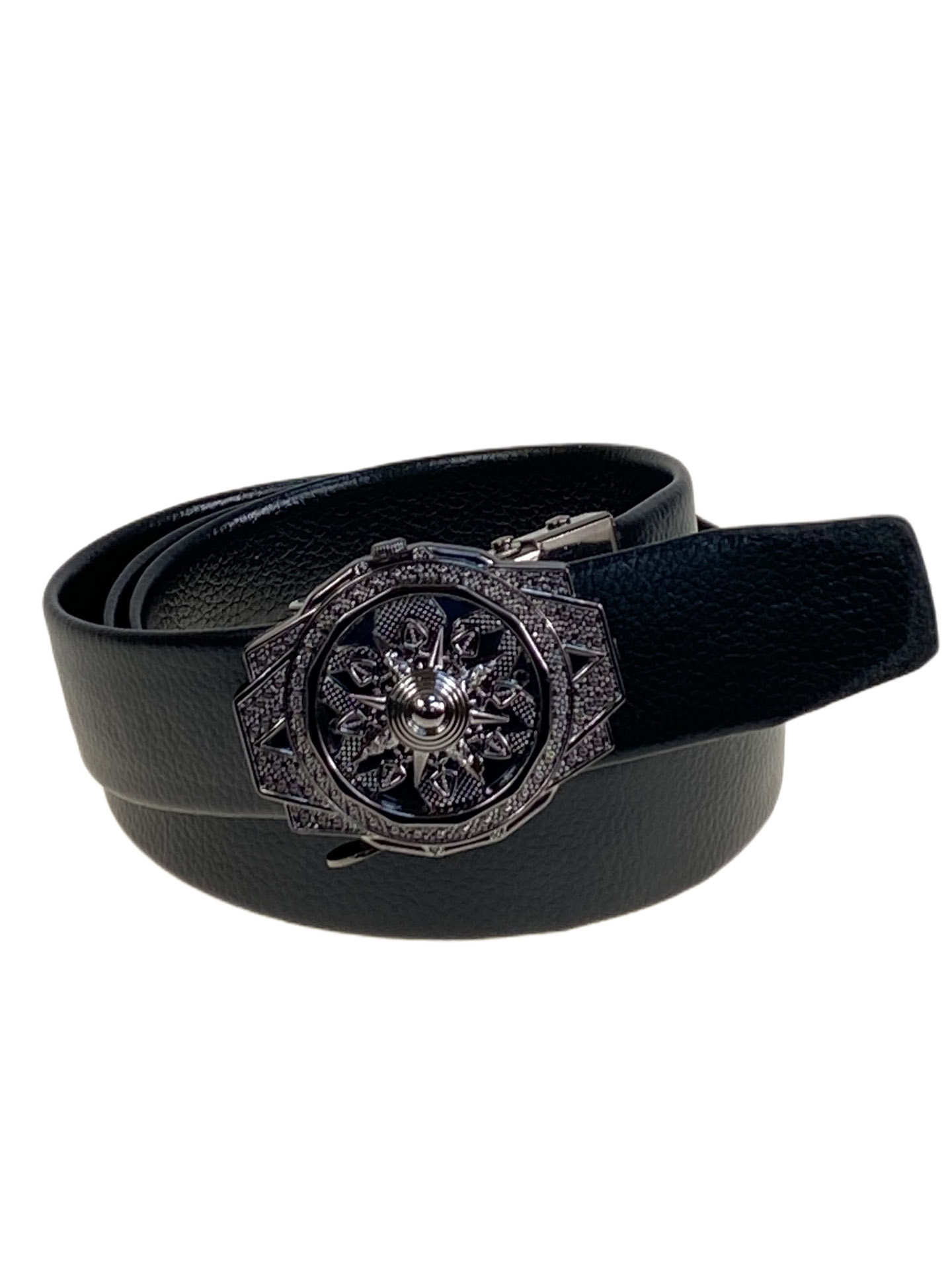 На фото 1 -  Ремень мужской с автоматической пряжкой из искусственной кожи, цвет черный