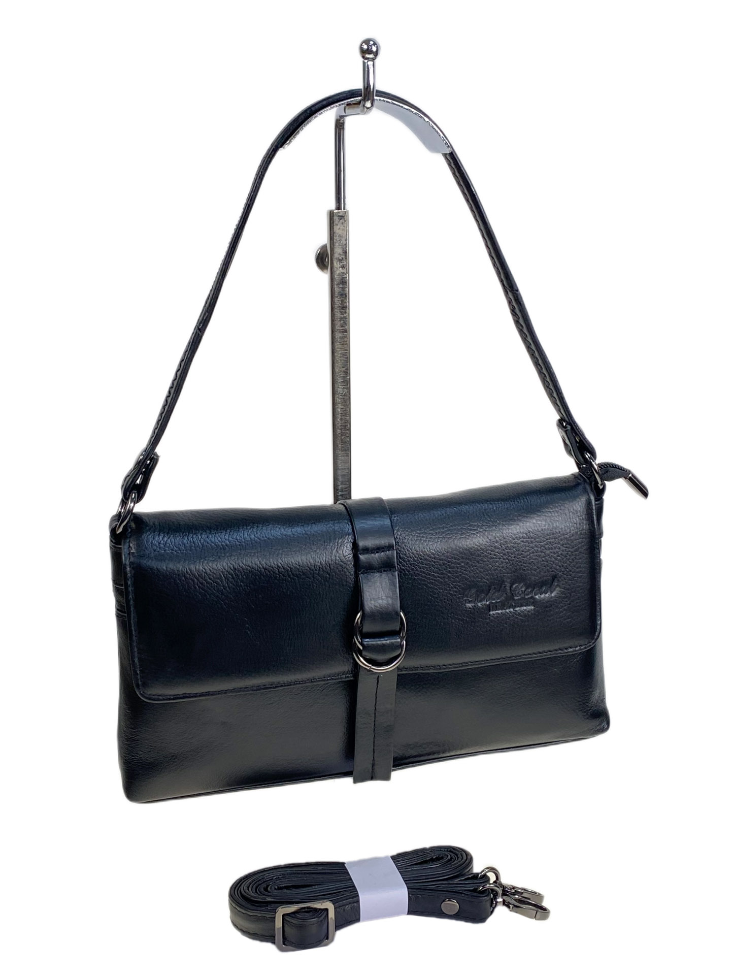 На фото 1 - Женская сумка из натуральной кожи, цвет  черный